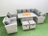 Fimous Rattan Corner Sofa Chair Set Outdoor Furniture Garden Dining Set Gas Fire Pit Table with Temper Glass 2 Footstools Light Grey Mixed