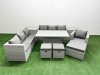 Fimous 8 PCs Rising Dining Table Set Rattan Furniture Set with 3 Seater Sofa Chair 3 Footstools 2 Side Tables Light Grey