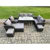 Fimous Dark Grey PE Wicker Rattan Garden Furniture Set Reclining Chair Love Sofa 2 Seater Sofa Set Outdoor Rectangular Dining Table 3 Footstools 10 Seater