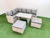 Fimous Garden Outdoor Rattan Furniture Set Rattan Corner Sofa Oblong Dining Table Set with 2 Big Footstools Light Grey Mixed 8 Seater