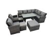 Fimous 11 Seater Garden Outdoor Rattan Furniture Set Rattan Corner Sofa Oblong Dining Table with 2 Armchairs 3 Footstools Dark Grey