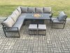 Fimous Aluminium 10 Seater Garden Furniture Outdoor Set Patio Lounge Sofa Gas Fire Pit Dining Table Set with Chair 2 Small Footstool Dark Grey