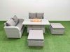 Fimous 6 Seater Outdoor Love Sofa Set Rattan Garden Furniture Set with Firepit Dining Table 2 Footstool Light Grey