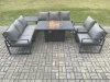 Fimous Aluminium 6 Pieces Garden Furniture Sofa Set with Cushions 8 Seater Gas Fire Pit Dining Table Set with Side Table Dark Grey