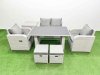 Fimous Outdoor Rattan Garden Furniture Dining Set 6-seater Patio Rectangular Table Love Sofa Reclining Chair Set with Side Table 2 Small Stools