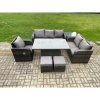 Fimous Outdoor Rattan Furniture Garden Dining Set Patio Height Adjustable Rising lifting Table Reclining Chair Sofa With Side Table 2 Small Footstools Dark Grey Mixed