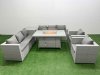 Fimous 8 Seat PE Rattan Lounge Sofa Set Outdoor Garden Furniture Set with Firepit Dining Table 3 Seater Sofa Side Table Light Grey