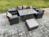 Fimous 5 Seater?Outdoor Rattan Sofa Set Garden Furniture Gas Firepit Dining Table Heater with 2 Side Tables Big Footstool Dark Grey Mixed