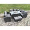 Fimous Rattan Outdoor Garden Furniture Sofa Set Gas Fire Pit Dining Table Gas Heater with Side Tables Love Sofa 2 Small Footstools Dark Grey Mixed
