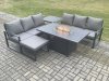 Fimous Aluminium 7 Seater Outdoor Garden Furniture Lounge Sofa Set Gas Fire Pit Dining Table with Big Footstool Side Table Dark Grey