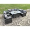Fimous 7 Seater PE Wicker Outdoor Rattan Garden Furniture Set Propane Gas Fire Pit Table and Sofa Chair set with 2 Side Tables