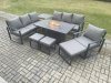 Fimous Aluminium 8 Pieces Garden Furniture Sofa Set with Cushions 10 Seater Gas Fire Pit Dining Table Set with Side Table 3 Footstools Dark Grey