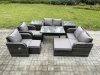 Fimous 9 Seater Wicker PE Rattan Garden Dining Set Outdoor Furniture Sofa with Rectangular Dining Table 2 Side Tables 3 Footstools Dark Grey Mixed