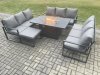 Fimous Aluminium 10 Seater Garden Furniture Outdoor Set Patio Lounge Sofa Gas Fire Pit Dining Table Set with Big Footstool Dark Grey