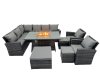 Fimous Poly Rattan Outdoor Patio Gas Firpit Dining Table Corner Sofa Set with 3 Stools 2 Chairs for Garden Backyard Dark Grey Mixed