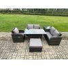 Fimous Lounge Rattan Sofa Set Outdoor Garden Furniture Oblong Rectangular Dining Table With Chairs Big Footstool Side Table Dark Grey Mixed