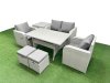 Fimous Light Grey PE Wicker Rattan Garden Furniture Set Sofa Set Reclining Chair Rectangular Dining Table 6 Seater 2 Small Stools Side Table