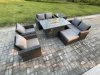 Fimous Wicker PE Rattan Garden Furniture Sets 7 Seater Patio Outdoor Gas Firepit Dining Table Heater Set with Double Seat Sofa Side Table Big Footstool Dark Grey Mixed