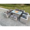 Fimous Light Grey Rattan FirePit Dining Set Garden Furniture Set Gas Heater Burner Lounge Sofa Dining Set Chairs Stools