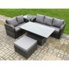 Fimous 6 Seater Outdoor Rattan Garden Furniture Sets Height Adjustable Rising lifting Dining Table Lounge Sofa Set With Side Table Big Footstool Dark Grey Mixed