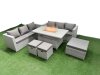 Fimous 9 Seat PE Rattan Lounge Sofa Set Outdoor Garden Furniture Set with Firepit Dining Table 3 Seater Sofa 3 Stools Light Grey