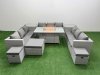 Fimous PE Rattan Lounge Sofa Set Outdoor Garden Furniture Set with Firepit Dining Table 3 Seater Sofa 2 Side Table 3 Stools Light Grey
