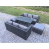 Fimous 8 Seater Outdoor Lounge Sofa Garden Furniture Set Patio Rattan Rectangular Dining Table with 2 Big Footstool Dark Grey Mixed