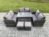 Fimous Outdoor Rattan Garden Furniture Set 8 Seater Patio Love Sofa Set with Rectangular Dining Table 2 Small Footstool Dark Grey Mixed
