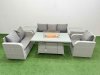 Fimous Patio PE Wicker 6 Seater Outdoor Rattan Furniture Sofa Sets with Firepit Dining Table Reclining Chair Loveseat Sofa 3 Seater Sofa 2 Side Table Light Grey