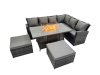 Fimous Outdoor Furniture Garden Dining Set Rattan Corner Sofa Set Gas Fire Pit Table with Temper Glass 2 Big Footstools Dark Grey Mixed