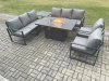 Fimous Aluminium 6 Pieces Garden Furniture Sofa Set with Cushions 8 Seater Gas Fire Pit Dining Table Set with Side Table Dark Grey