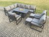 Fimous Aluminium Patio Outdoor Garden Furniture Corner Sofa Set Gas Fire Pit Dining Table with 3 Chairs 2 Small Footstools Dark Grey