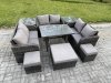 Fimous Outdoor Rattan Garden Furniture Set Patio Love Sofa Set with Rectangular Dining Table 3 Footstools 2 Side Tables Dark Grey Mixed