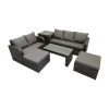 Fimous Rattan Garden Outdoor Furniture Set 3 Seater Sofa Love Sofa Coffee Table with 2 Big Footstools Side Table Dark Grey Mixed
