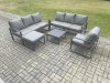 Fimous Aluminium 8 Seater Outdoor Garden Furniture Lounge Sofa Set with Square Coffee Table Chair Big Footstool Dark Grey