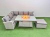 Fimous 7 Seat Rattan Garden Furniture Corner Sofa Set Outdoor Gas Fire Pit Table Sets with Big Footstool Light Grey