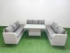 Fimous PE Rattan Lounge Sofa Set 9 Seater Outdoor Garden Furniture Set with Adjustable Lifting Dining or Coffee Table 3 Seater Sofa 2 Side Table Light Grey