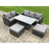 Fimous Outdoor Rattan Garden Furniture Sets Height Adjustable Rising lifting Dining Table Lounge Sofa Set With 2 Big Footstool Dark Grey Mixed