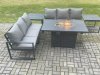 Fimous Aluminium 6 Seater Outdoor Garden Furniture Lounge Sofa Set Gas Fire Pit Dining Table with 2 Side Tables Dark Grey