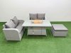 Fimous 5 Seater Outdoor Love Sofa Set Rattan Garden Furniture Set with Firepit Dining Table Big Footstool Light Grey
