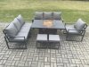Fimous Aluminium 6 Pieces Garden Furniture Sofa Set with Cushions 9 Seater Gas Fire Pit Dining Table Set with 2 Small Footstools Dark Grey