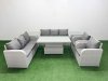 Fimous PE Rattan High Back Lounge Sofa Set Patio Adjustable Lifting Dining or Coffee Table & Chairs Set with 3 Seater Sofa Reclining Chair 2 Side Table Light Grey