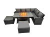 Fimous Outdoor Furniture Garden Dining Set Rattan Corner Sofa Set Gas Fire Pit Table with Temper Glass 2 Big Footstools Dark Grey Mixed