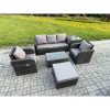 Fimous Outdoor Rattan Garden Furniture Set 6 Seater Patio Lounge Sofa Set with Reclining Chair Rectangular Coffee Table Big Footstool Side Table Dark Grey Mixed