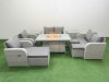 Fimous 9 Seater Outdoor Reclining Chair Love Sofa Set Rattan Garden Furniture Set with Firepit Dining Table 3 Stools 2 Side Table Light Grey