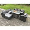 Fimous Outdoor Rattan Garden Furniture Sofa Set Gas Fire Pit Dining Table Gas Heater Burner With Armchair Big Footstool 8 Seater Dark Grey Mixed