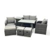 Fimous Outdoor Garden Furniture Set Rattan Sofa Dining Table Set with Reclining Chair 3 Footstool Side Table Dark Grey Mixed