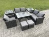 Fimous Garden Dining Set Wicker PE Rattan Outdoor Furniture Sofa with Rectangular Dining Table Double Seat Sofa 2 Side Tables 2 Small Footstools Dark Grey Mixed
