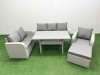 Fimous Patio PE Wicker 7 Seater Outdoor Rattan Furniture Sofa Sets with Rectangular Dining Table Reclining Chair Loveseat Sofa 3 Seater Sofa Big Footstool Light Grey
