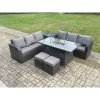 Fimous Rattan Garden Furniture Set with Fire Pit Table 8 Seater Outdoor Patio Lounge Sofa Set Dark Grey Mixed